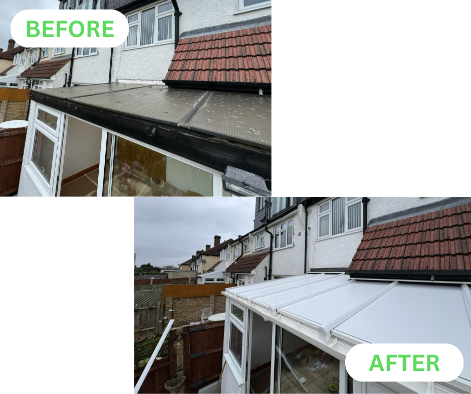 before and after - white insulated replacement conservatory roof panels