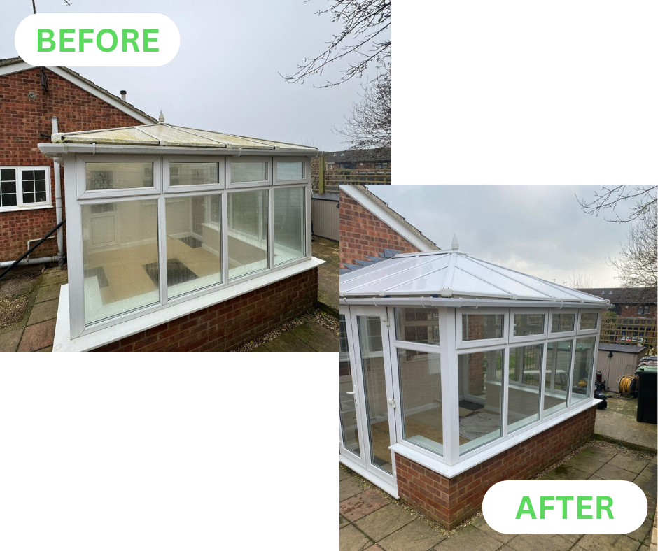 before and after - old polycarbonate conservatory roof to new aluminium insulated panels